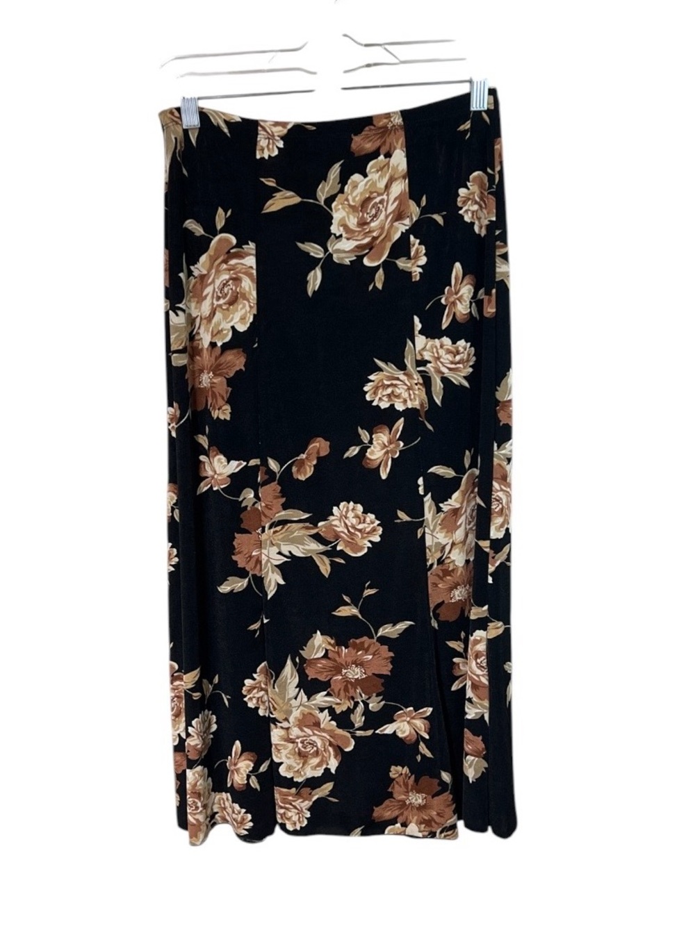 Vintage Briggs New York Slinky Black Brown Floral Maxi Skirt MEDIUM PETITE